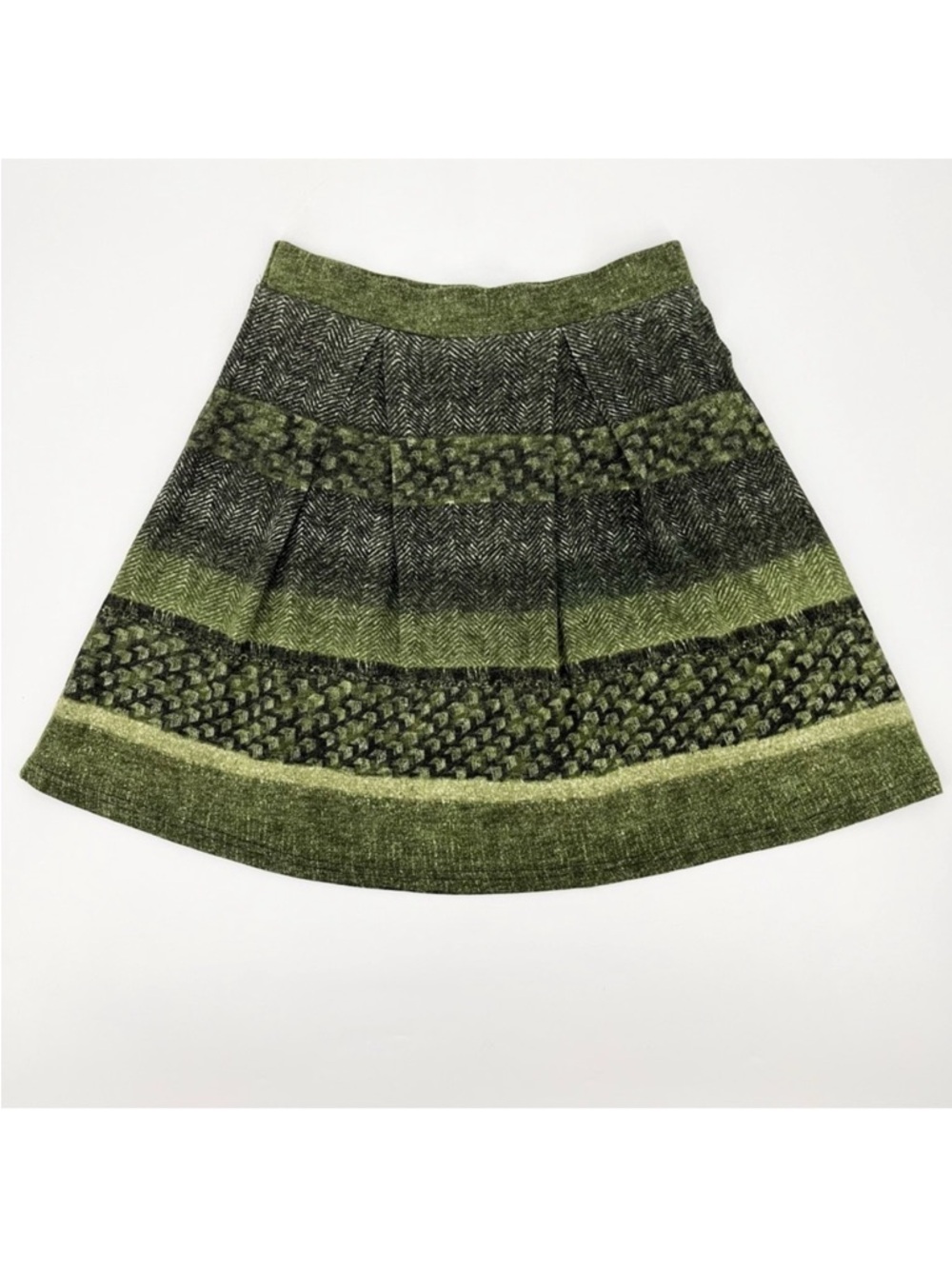 NWT Aryeh Green Pleated Herringbone Print Sweater Knit Skirt Size Medium